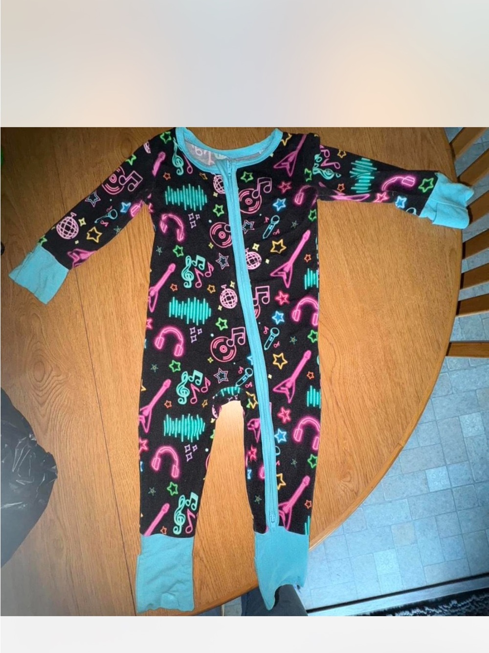 Butter Kids Neon Music Print Footed One-Piece - Black with Aqua Trim